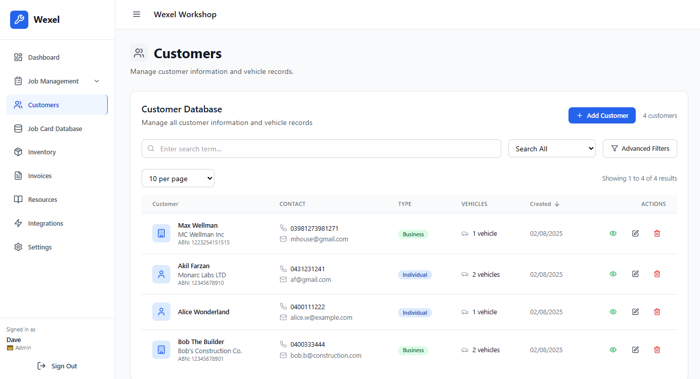 Customer database with search functionality
